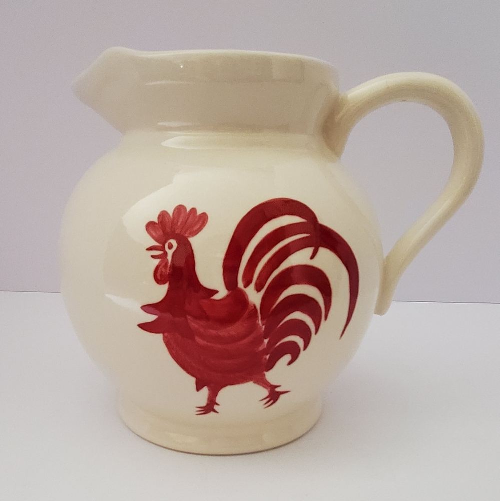 Cream Ceramic Pitcher with Red Rooster Design